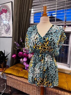 Vibrant Teal & Mustard Printed V-Neck Blouse